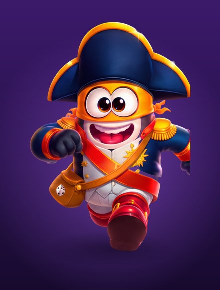 The Napoleon character: a masked penguin in a navy bicorne hat with gold epaulettes and a red sash.