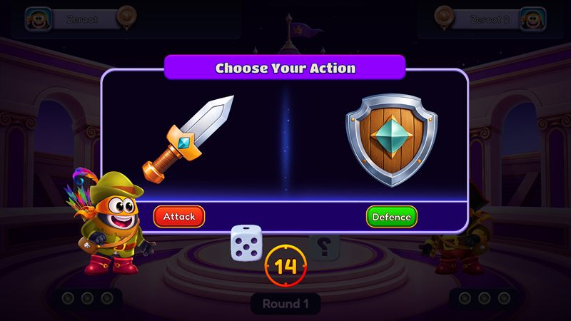 The Choose Your Action prompt: a sword for Attack and a shield for Defence, with the current roll of fourteen shown below.