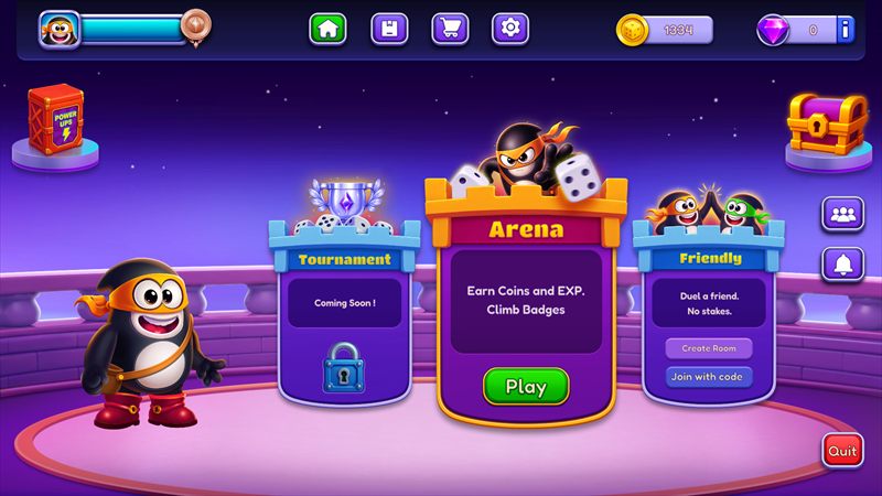 The DiceZ Royale main menu: Dink stands beside Tournament, Arena and Friendly mode cards, with coin and gem counters along the top.