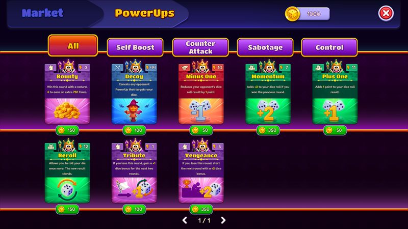 The PowerUp market, with cards sorted into Self Boost, Counter Attack, Sabotage and Control categories and coin prices beneath each.